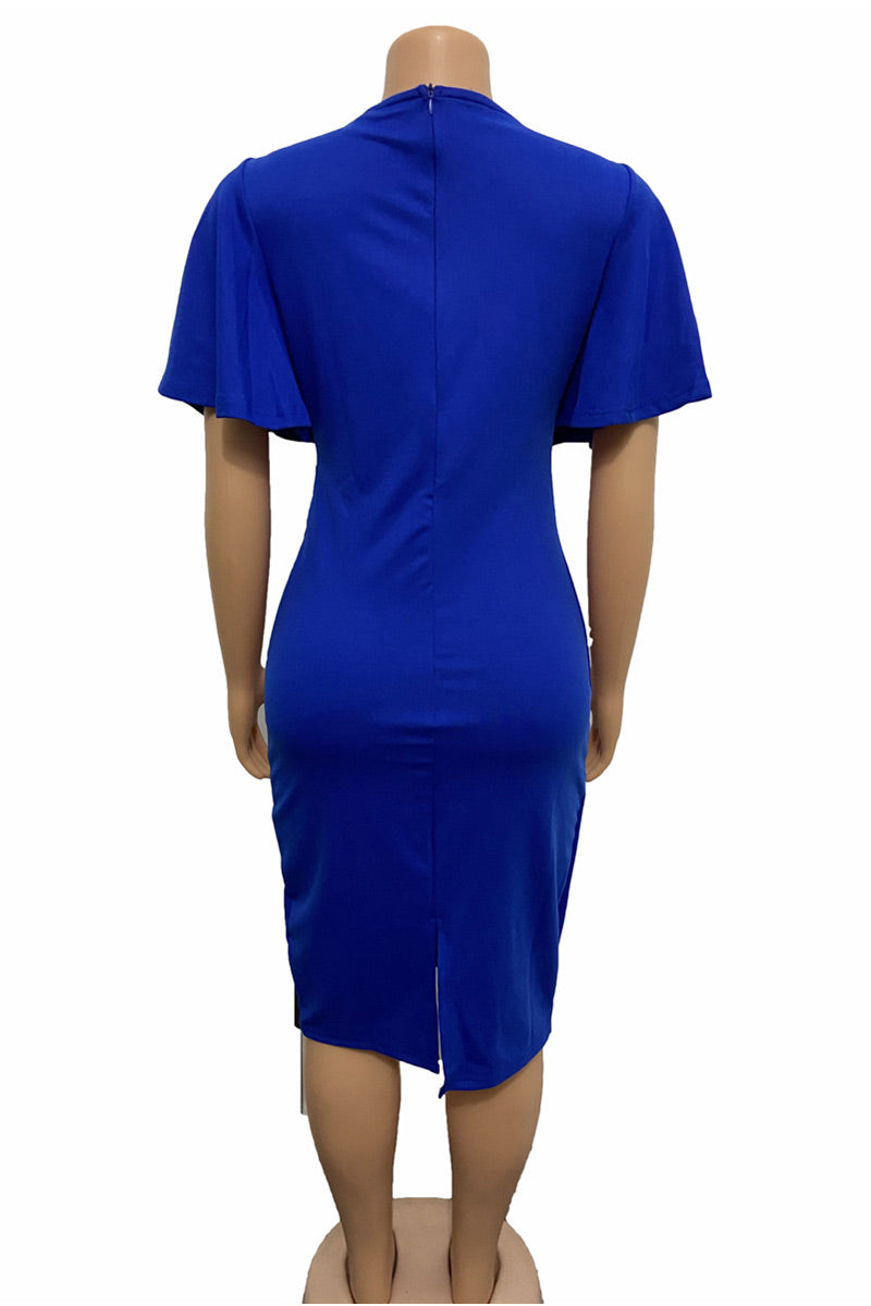 Knee Length Royal Blue Short Sleeves Dress - Fashionpara