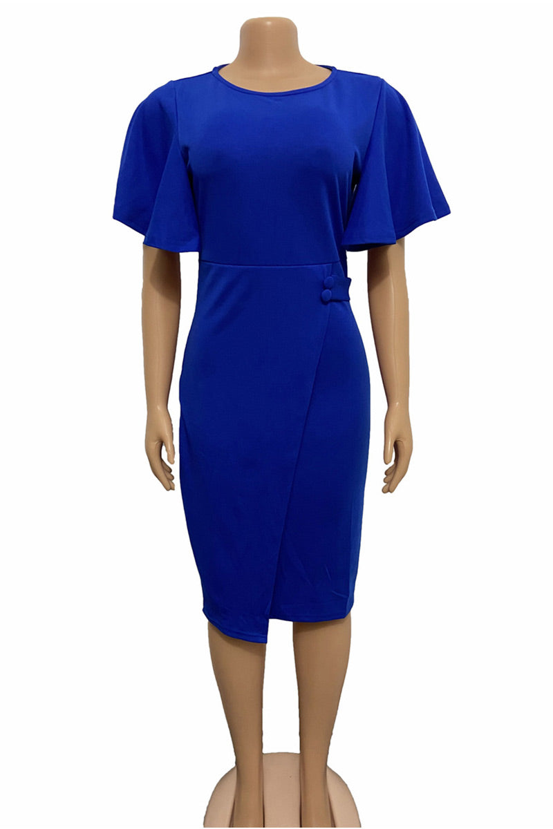 Knee Length Royal Blue Short Sleeves Dress - Fashionpara