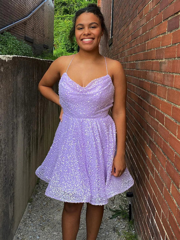 Sequins Cowl Neck Homecoming Dress with Criss Cross Back