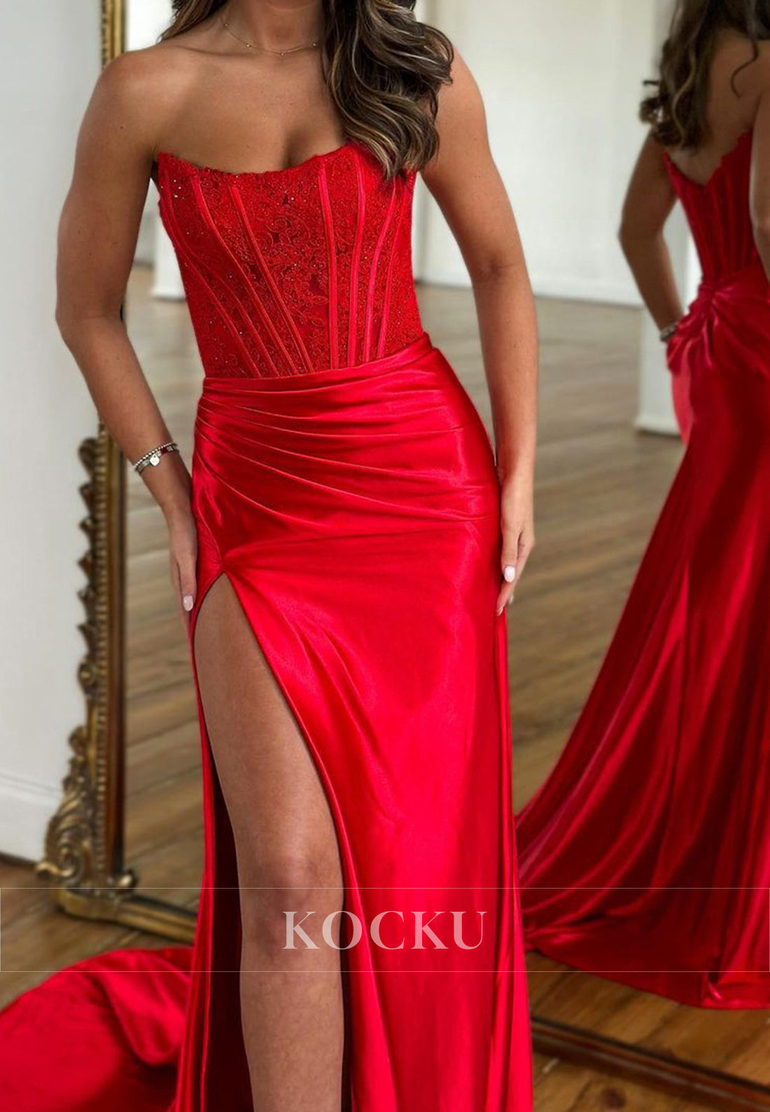 Gorgeous Tube Top Sheath Prom Dress High Slit Beaded Satin Party Dress with Appliques