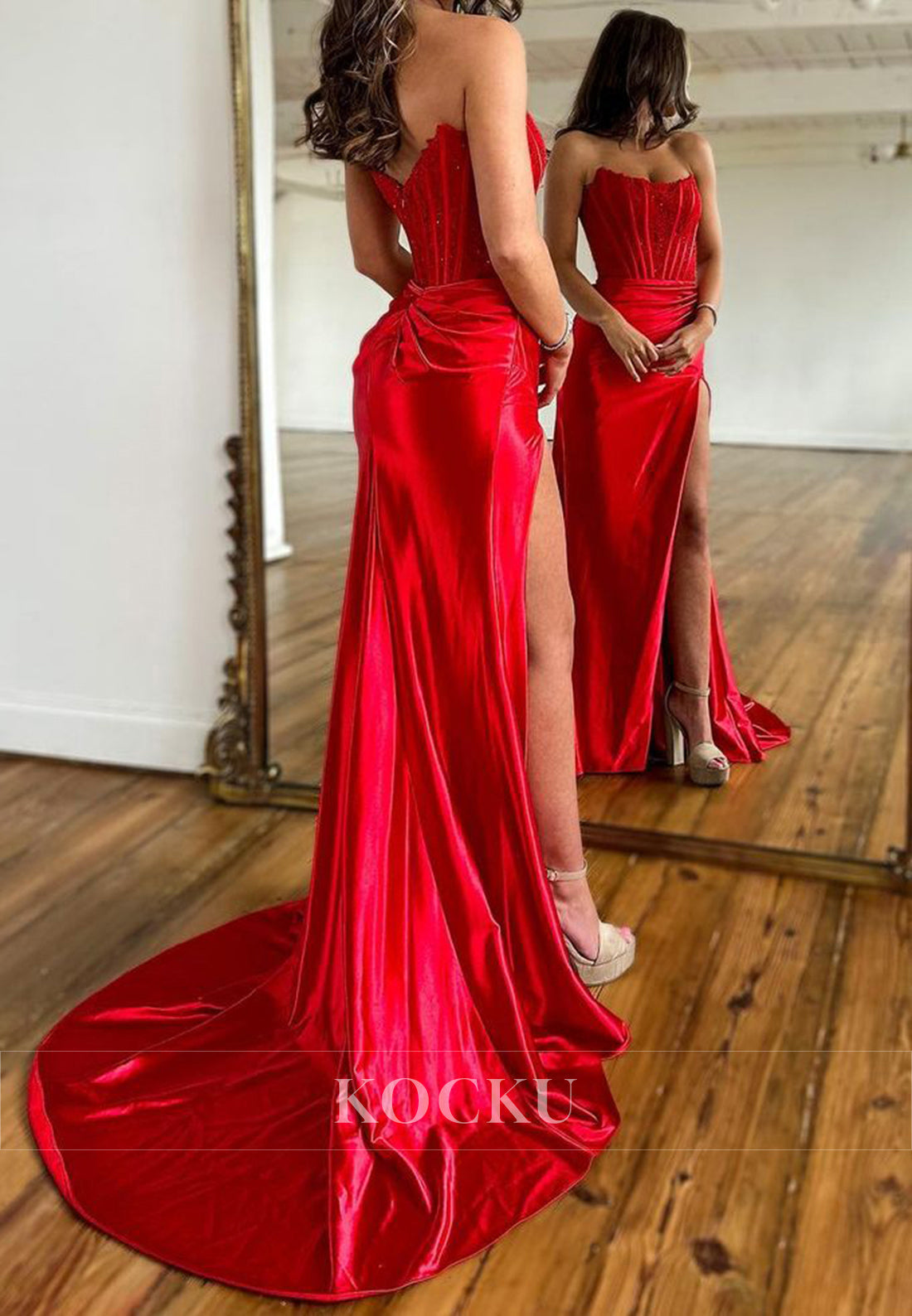 Gorgeous Tube Top Sheath Prom Dress High Slit Beaded Satin Party Dress with Appliques