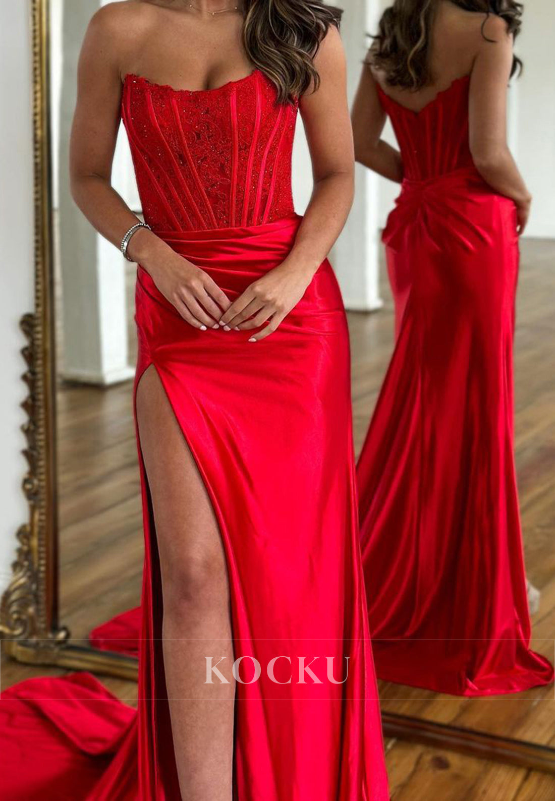 Gorgeous Tube Top Sheath Prom Dress High Slit Beaded Satin Party Dress with Appliques