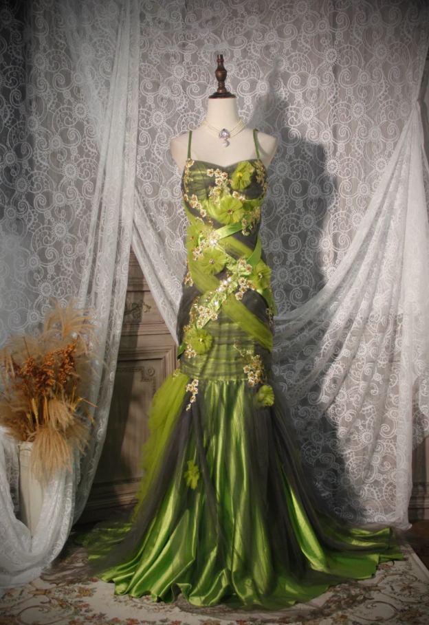 Vintage Green Spaghetti Straps Satin Tulle Appliques Mermaid Prom Dress Long Evening Dress