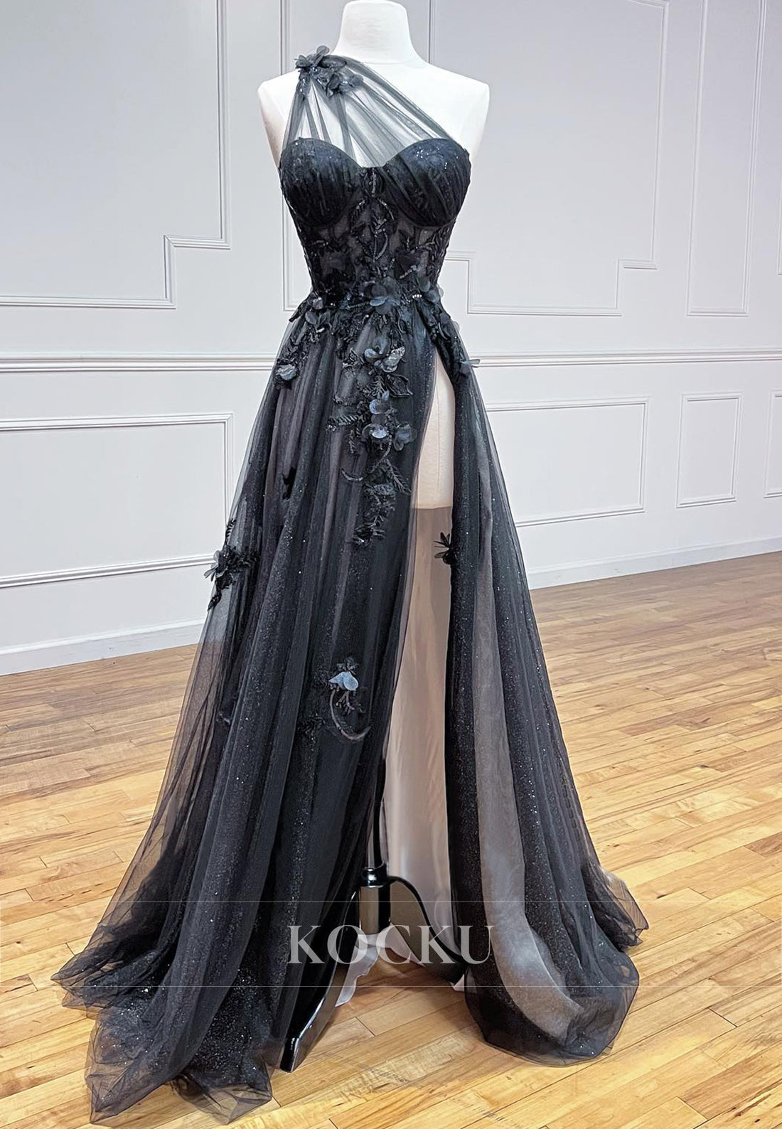 Elegant One Shoulder A-Line High Slit Appliques Glitter Evening Party Gown with Floral