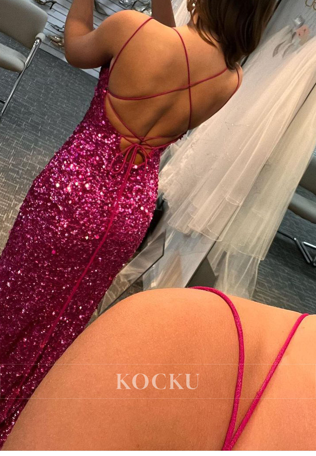 Glamorous Scoop Neck Spaghetti Straps Sequin Prom Formal Party Dress with High Slit