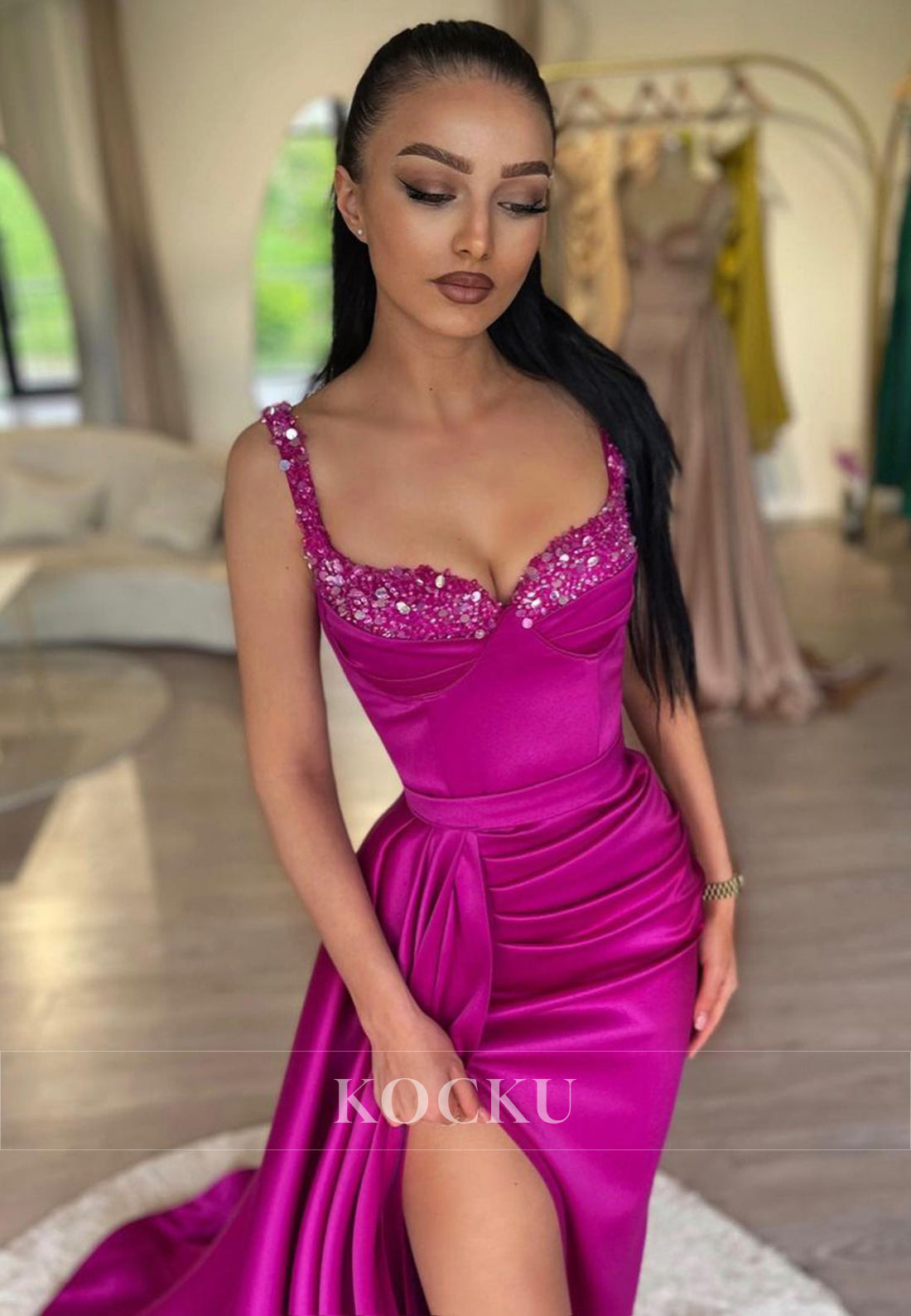 L2183 - Couture & Ornate Spaghetti straps Ruched Sheath Party Prom Dress With Slit