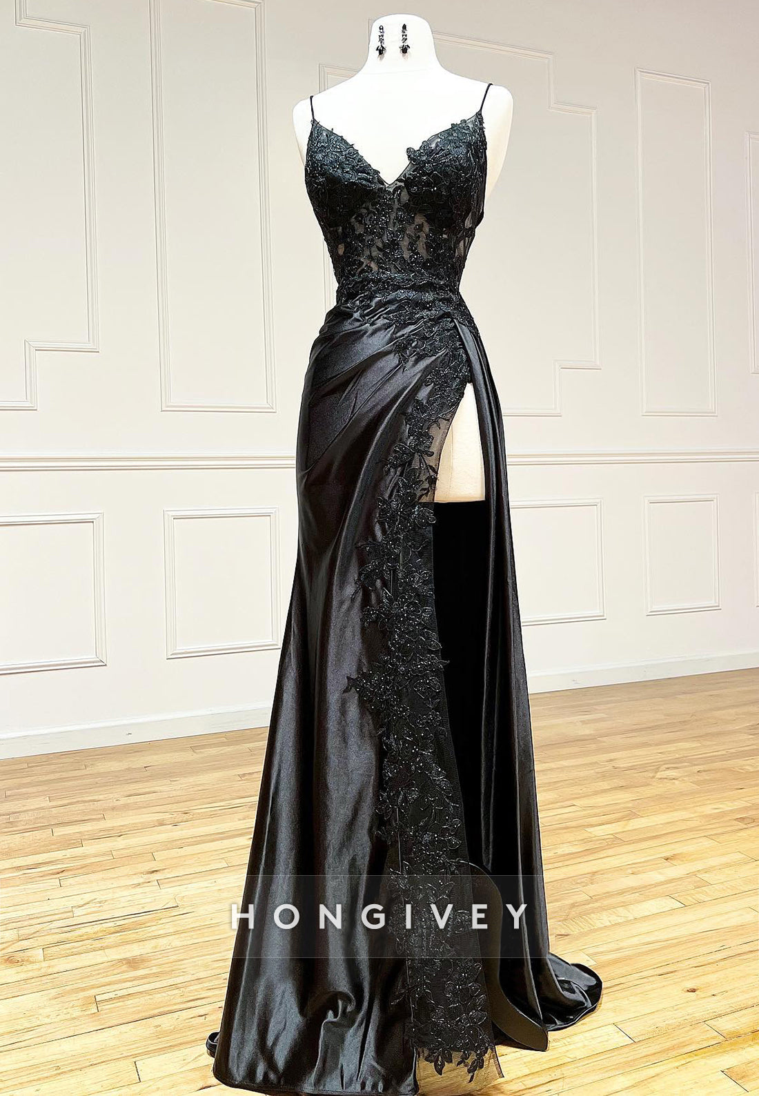 L1432 - Sexy Fitted Satin V-Neck Spaghetti Straps Ruched Appliques With Side Slit Party Prom Evening Dress