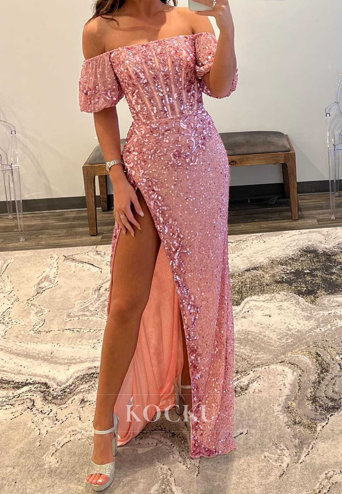 Gorgeous Tube Top Short Sleeves Sheath Sequin Party Evening Gowns with Slit