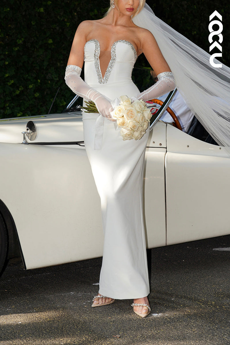 L1922 - Low V-Neck Strapless Beaded Satin Sheath Long Evening Party Dress