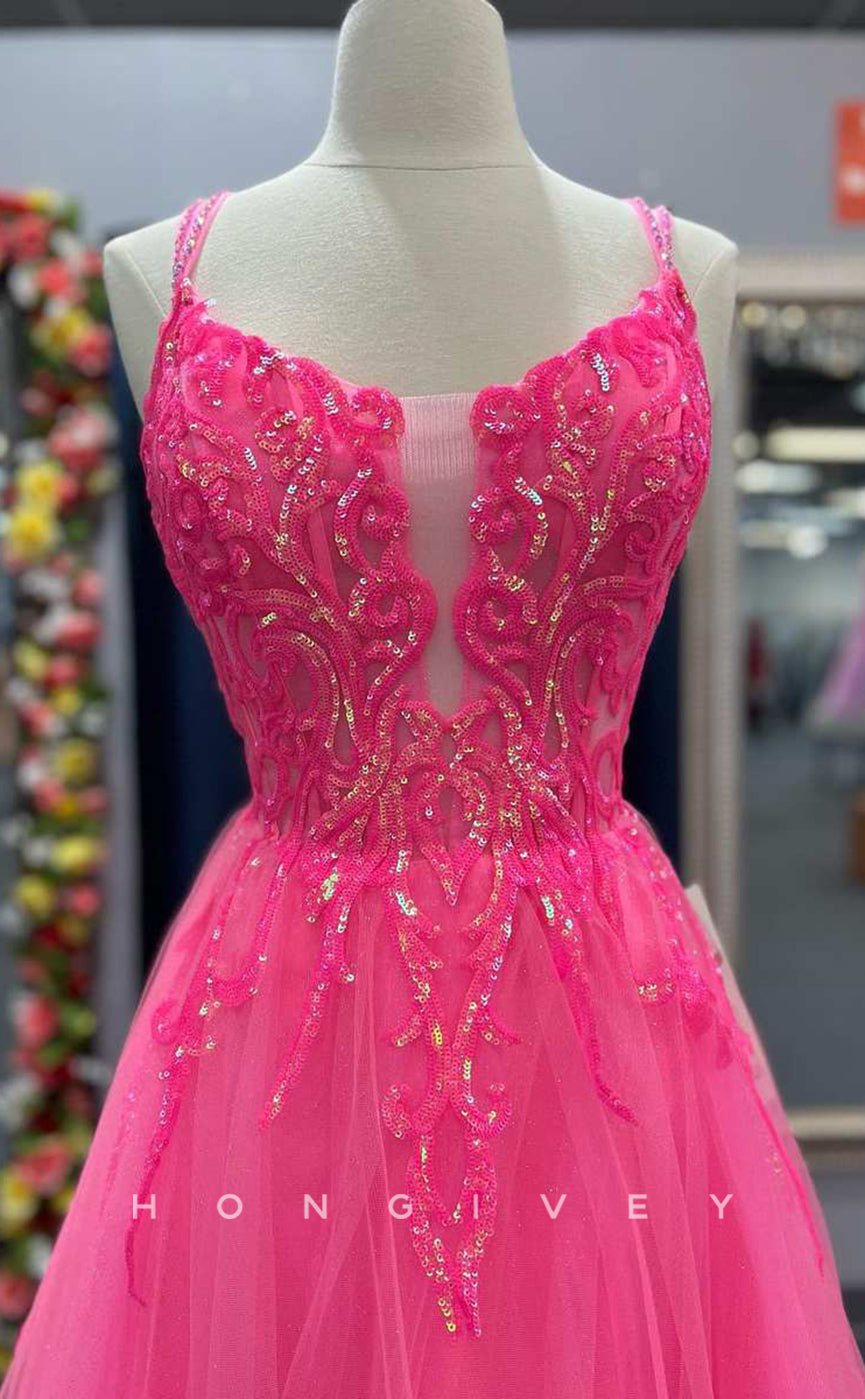 L2492 - Sexy Tulle A-Line Bateau Spaghetti Straps Empire Appliques Beaded Party Prom Evening Dress