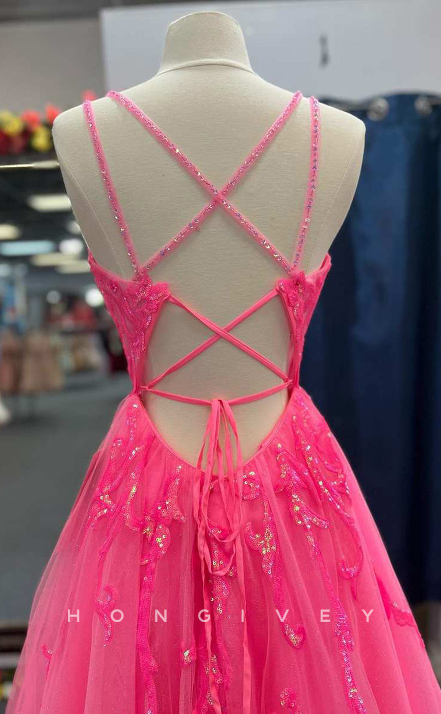 L2492 - Sexy Tulle A-Line Bateau Spaghetti Straps Empire Appliques Beaded Party Prom Evening Dress