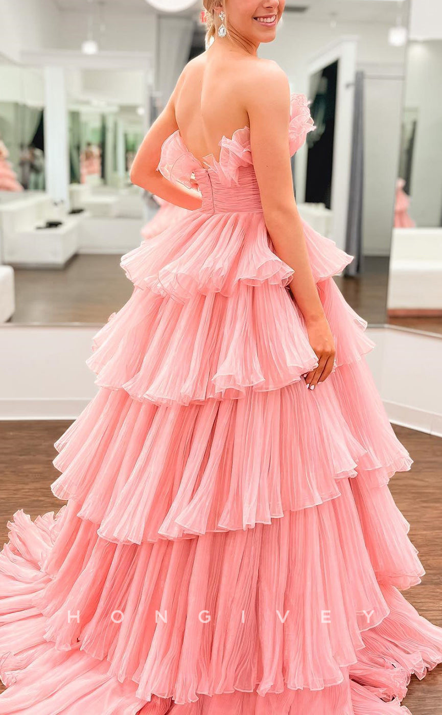 L2497 - Sexy Tulle A-Line Strapless Sleeveless Empire Tiered With Train Party Prom Evening Dress