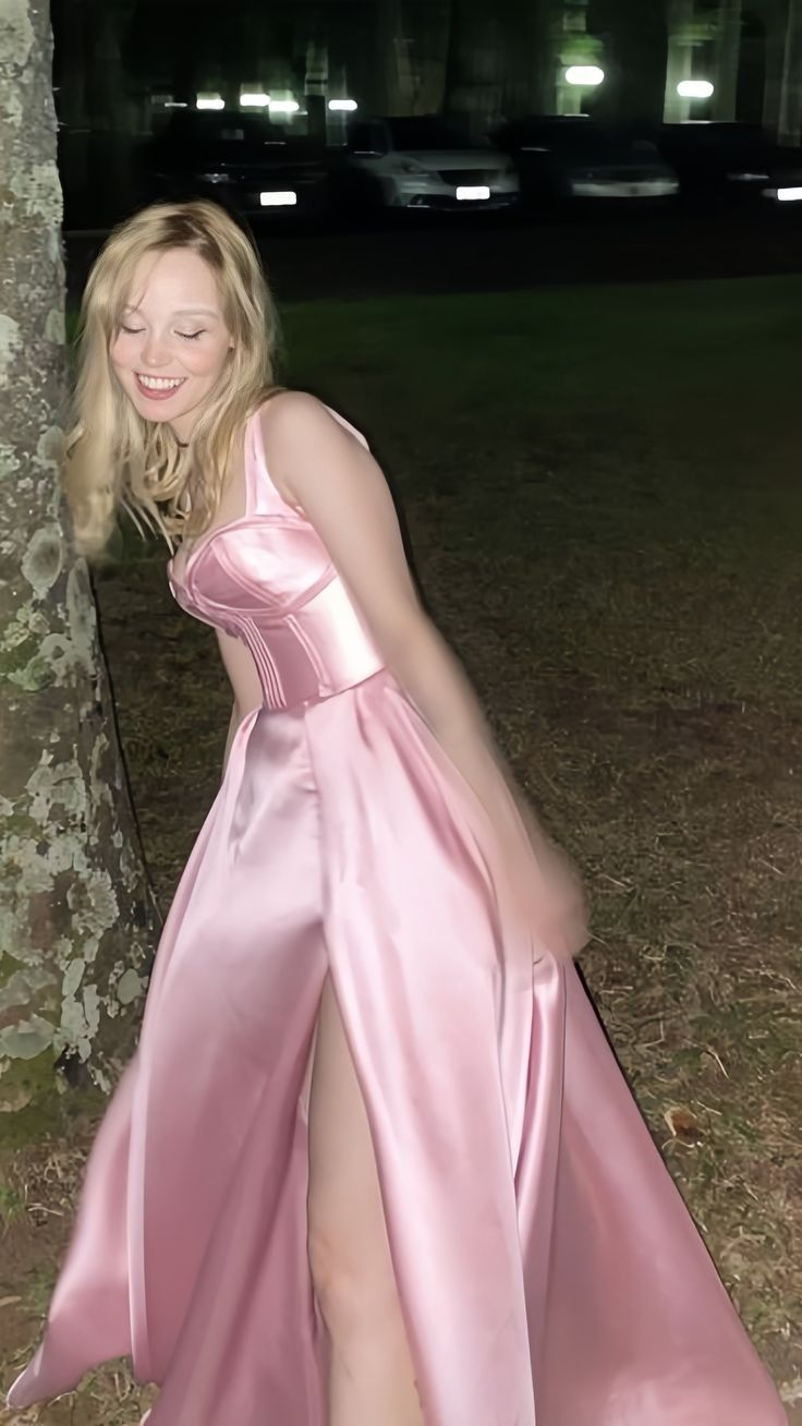 Simple Pink A-Line Satin Party Dress Side Slit Prom Dress Evening Dress Y8563 - View 2 | VelvetHem