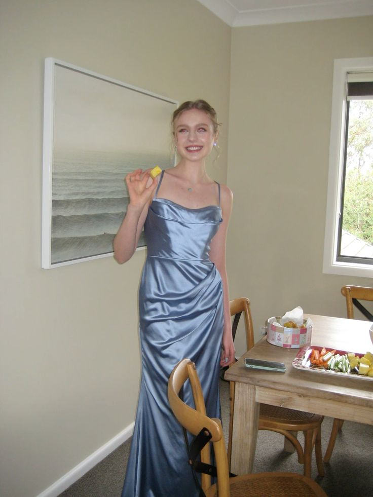 Simple Spaghetti Straps Blue Satin Pleated Mermaid Bridesmaid Dress Formal Wedding Guest Dress