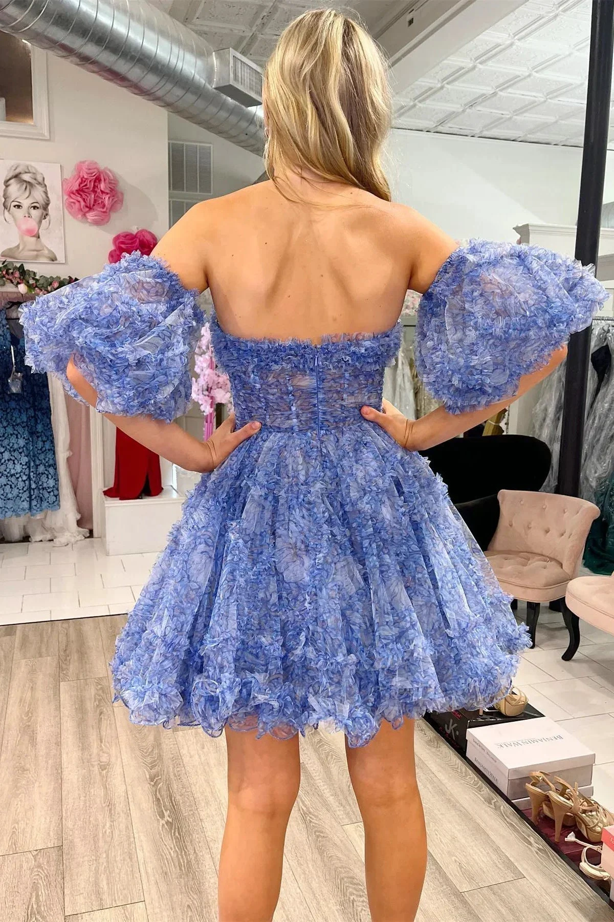 Blue Puff Sleeves Ruffles A-line Prints Homecoming Dress (ZD11892)