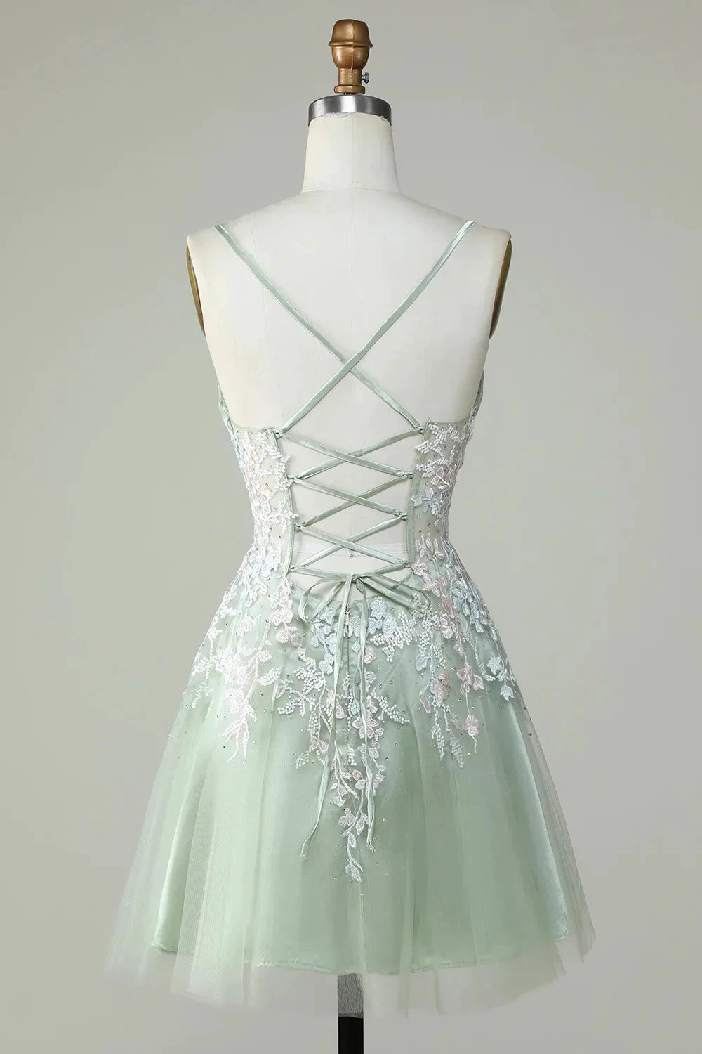Dusty Sage Spaghetti Straps Homecoming Dress With Criss Cross Back (ZD11808)