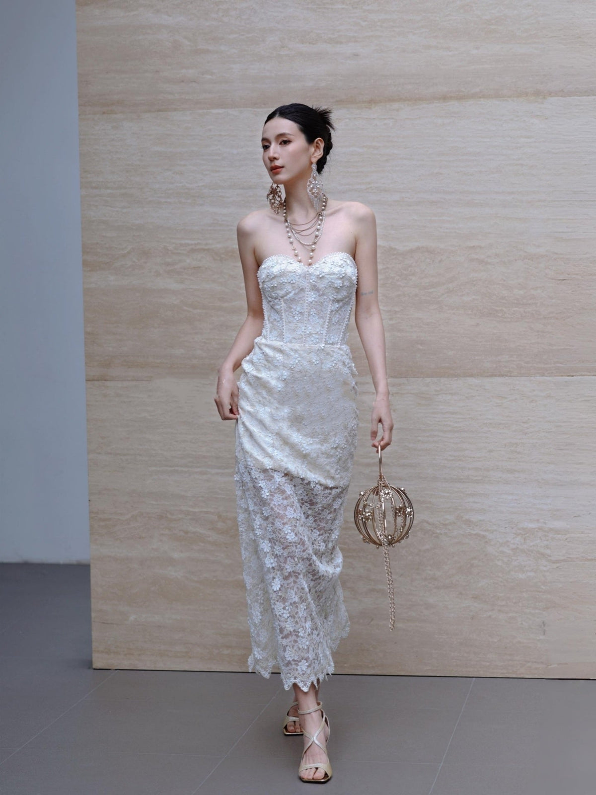 Beaded Embroidered Strapless Evening Dress Lace Bridal Gown Wedding Dress