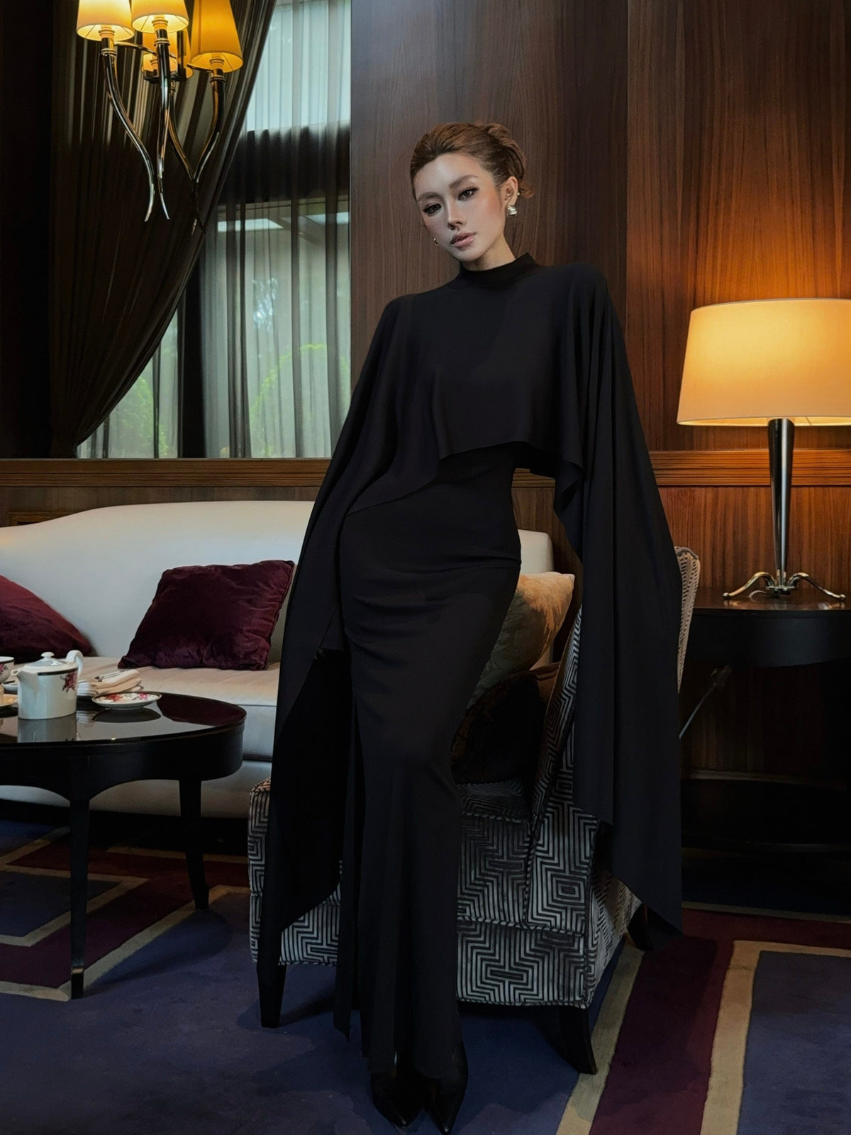 Black Square Collar Shawl Dress Two-piece Gown Modest Evening Dress