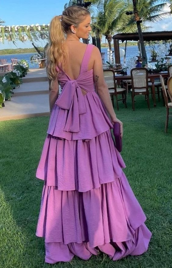 A Line Purple Prom Dresses,Tiered Stretch Satin Evening Dress Y4056 - VelvetHem