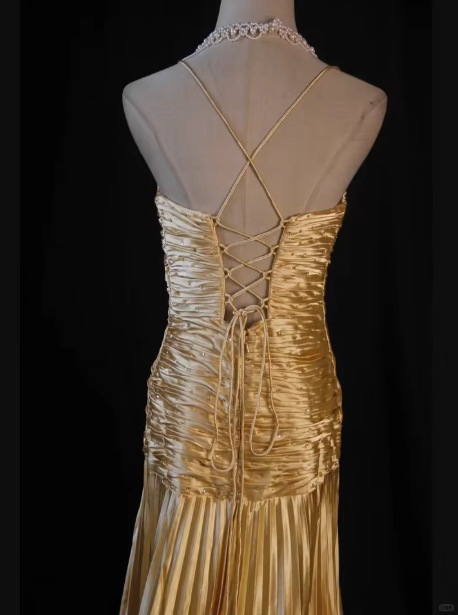 Gorgeous Gold Satin Pleated Party Prom Dress，Formal Evening Gown With Beaded