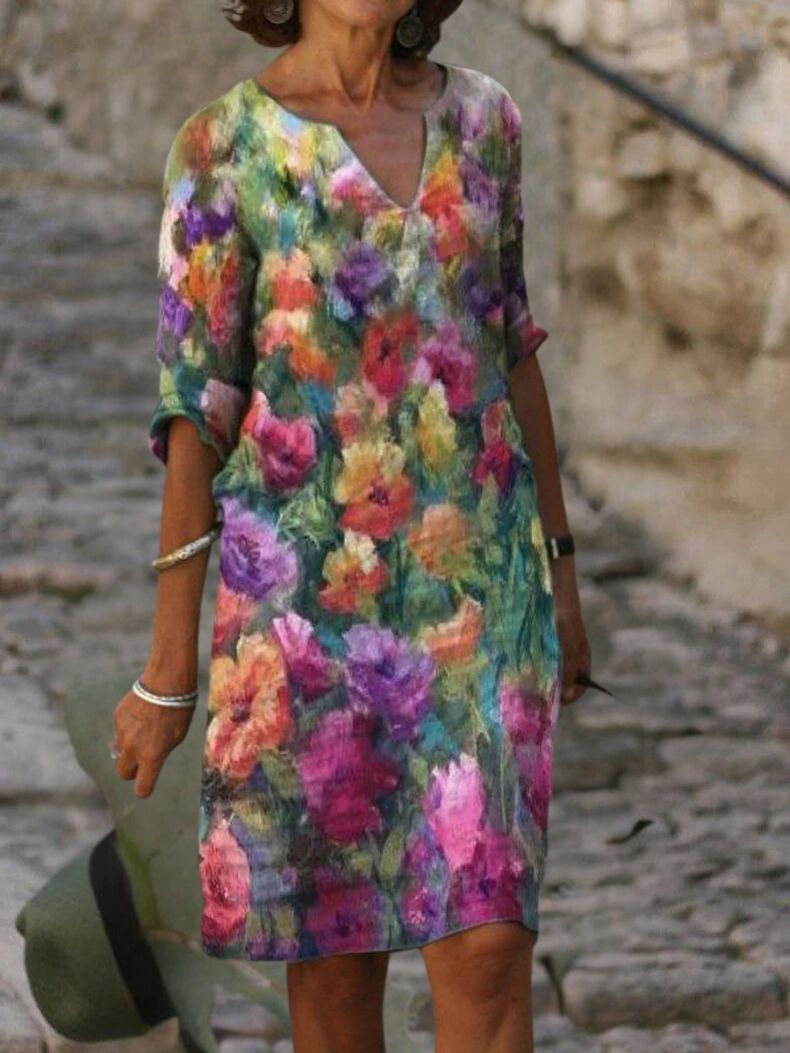 Leila Chic Floral Print V Neck Dress Evening Wear Edit