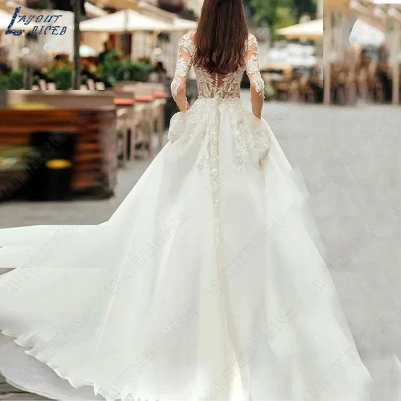Graceful Wedding Dresses Bobo Illusion Long Sleeves Women Appliqued Lace Bridal Gowns Sexy Tulle (ZD13327)