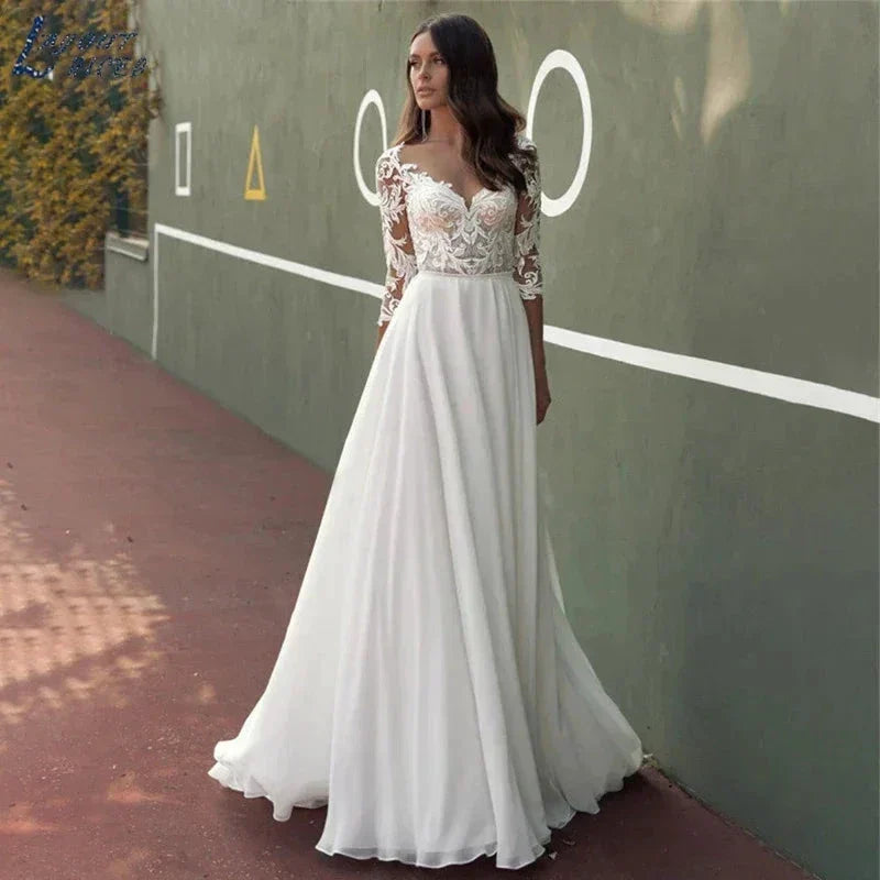 Lace Wedding Dresses Women Chiffon Boho Appliques Bridal Gowns Half Sleeve Beach Vestidos De Novia Casamento Civil by payinti