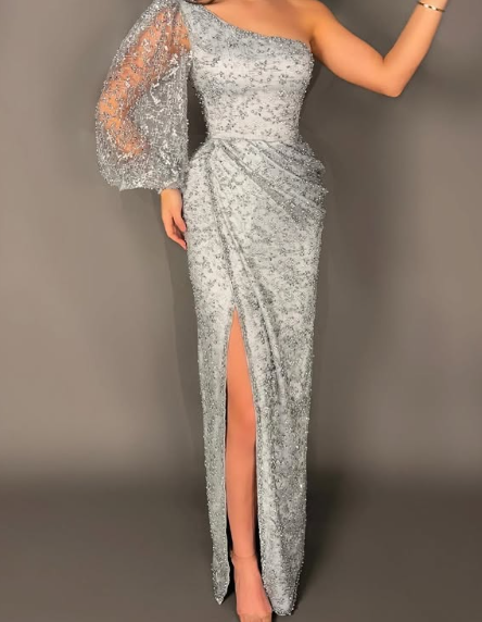 Glitter Sequin Tulle Sheath Slit Prom Evening Dress,One Shoulder Party Dress