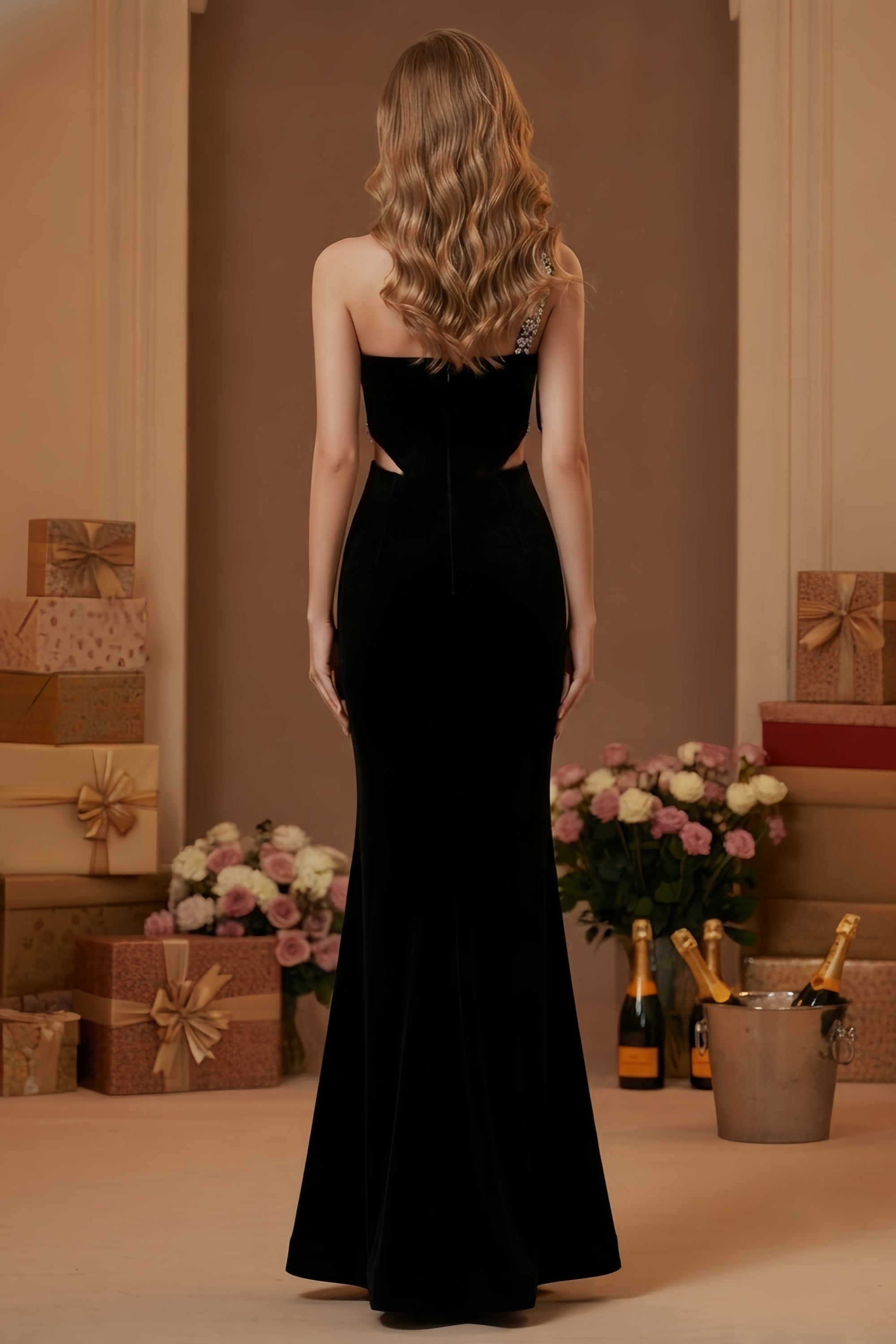 Velvet One-Shoulder Maxi Dress with Rhinestone Trim