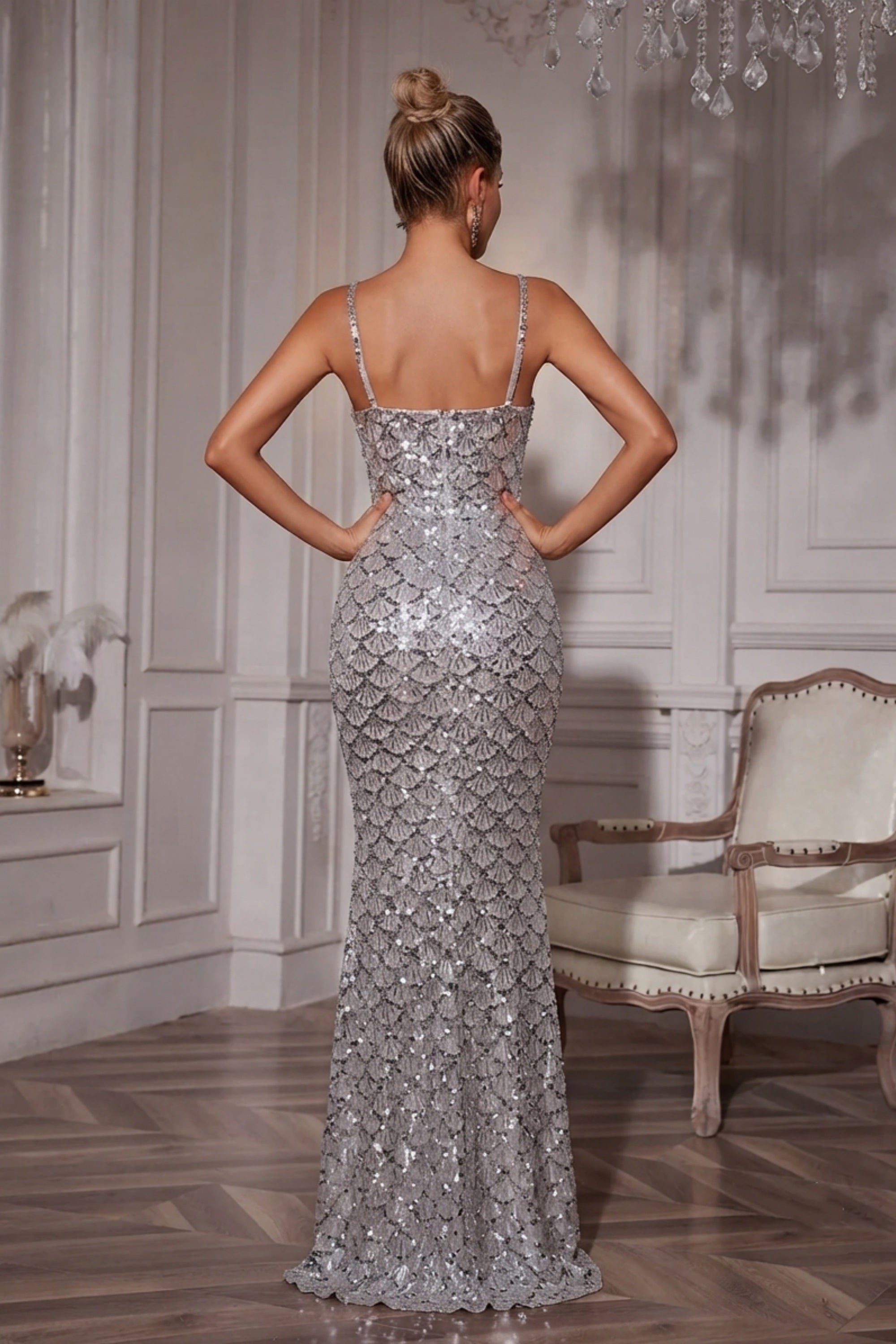 Spaghetti Strap Sequined Mermaid Maxi Dress with Center Cutout