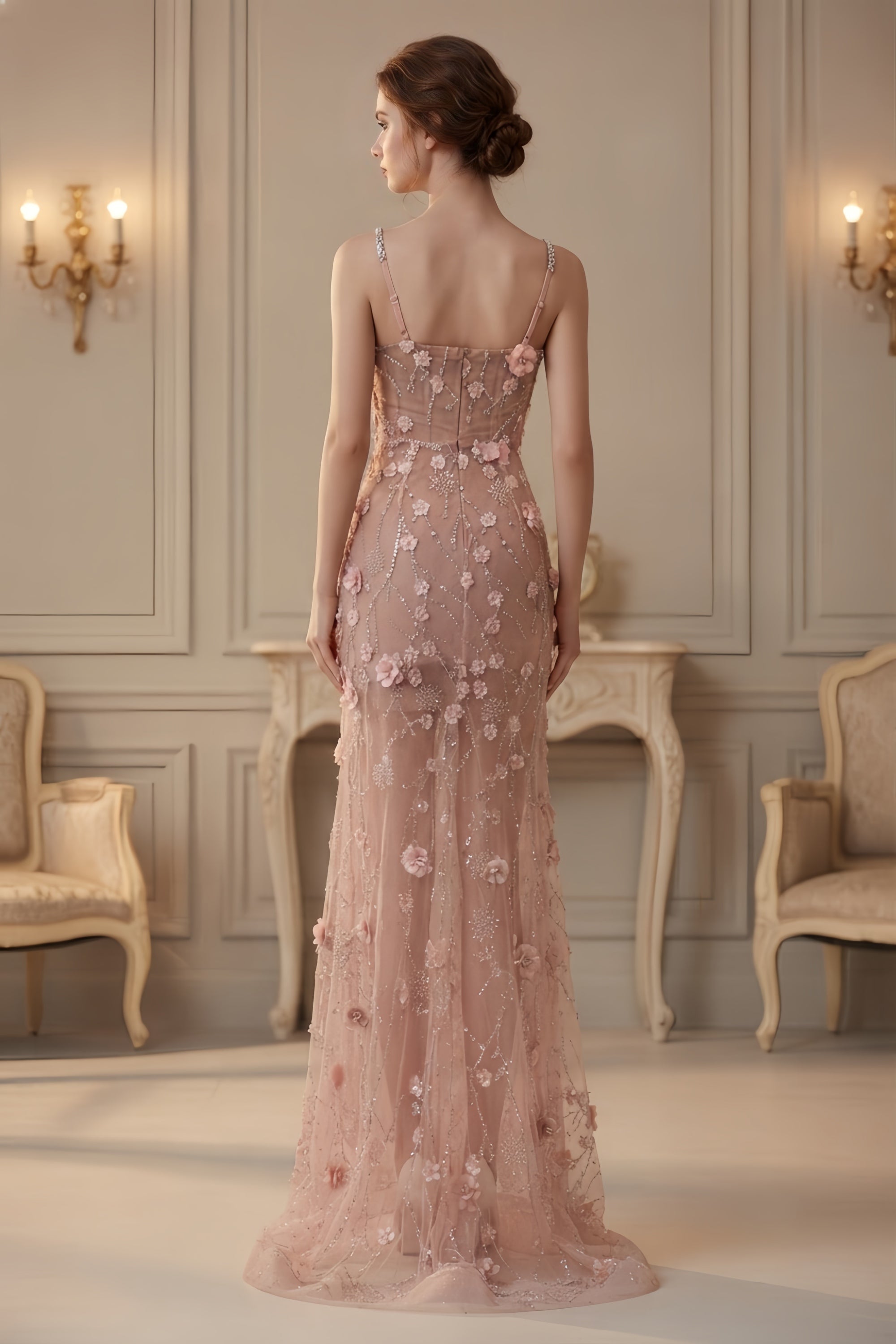 Floral Applique Spaghetti Strap Maxi Dress with Side Slit