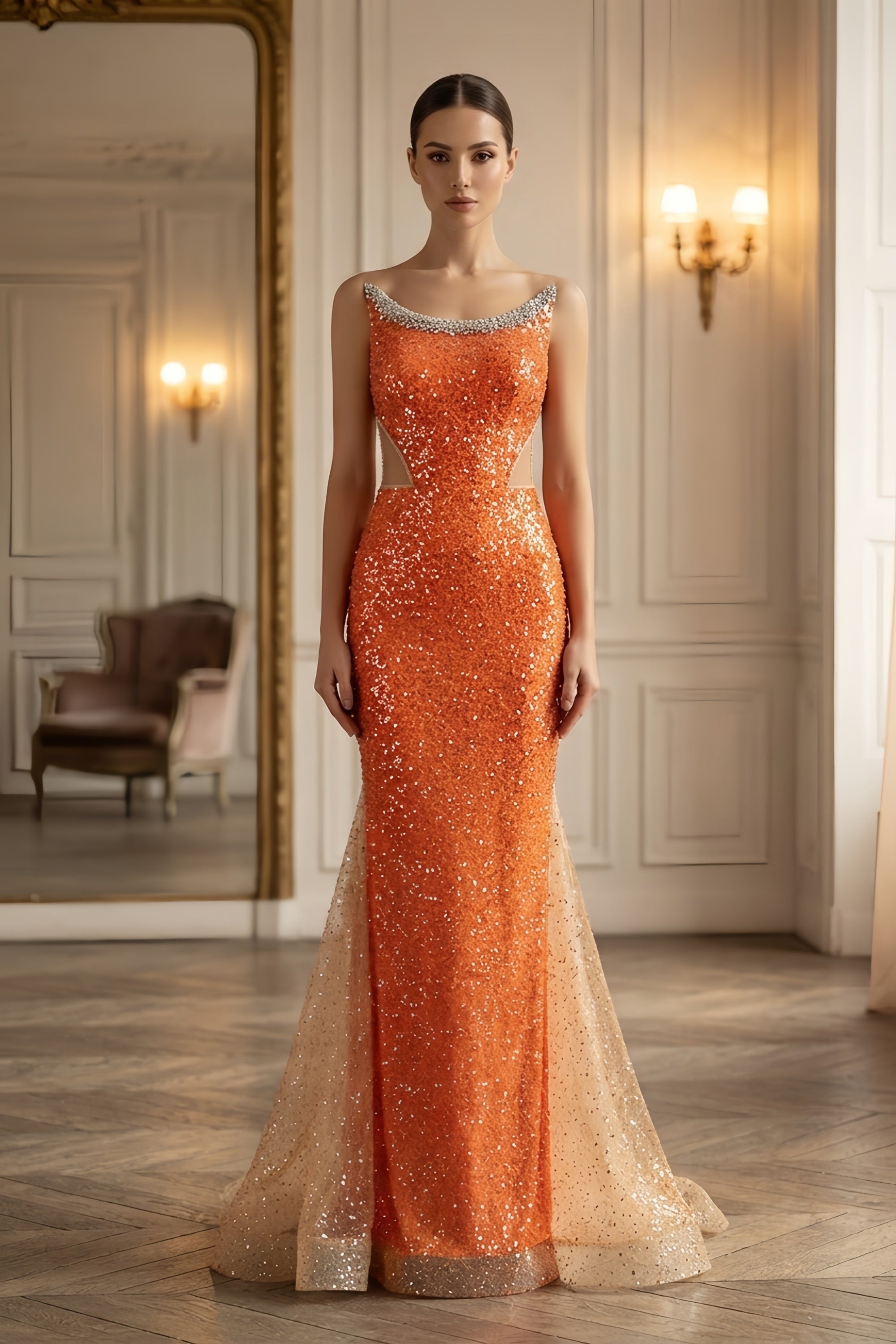 Sequin Mermaid Evening Gown with Side Cutouts and Jewel Neckline