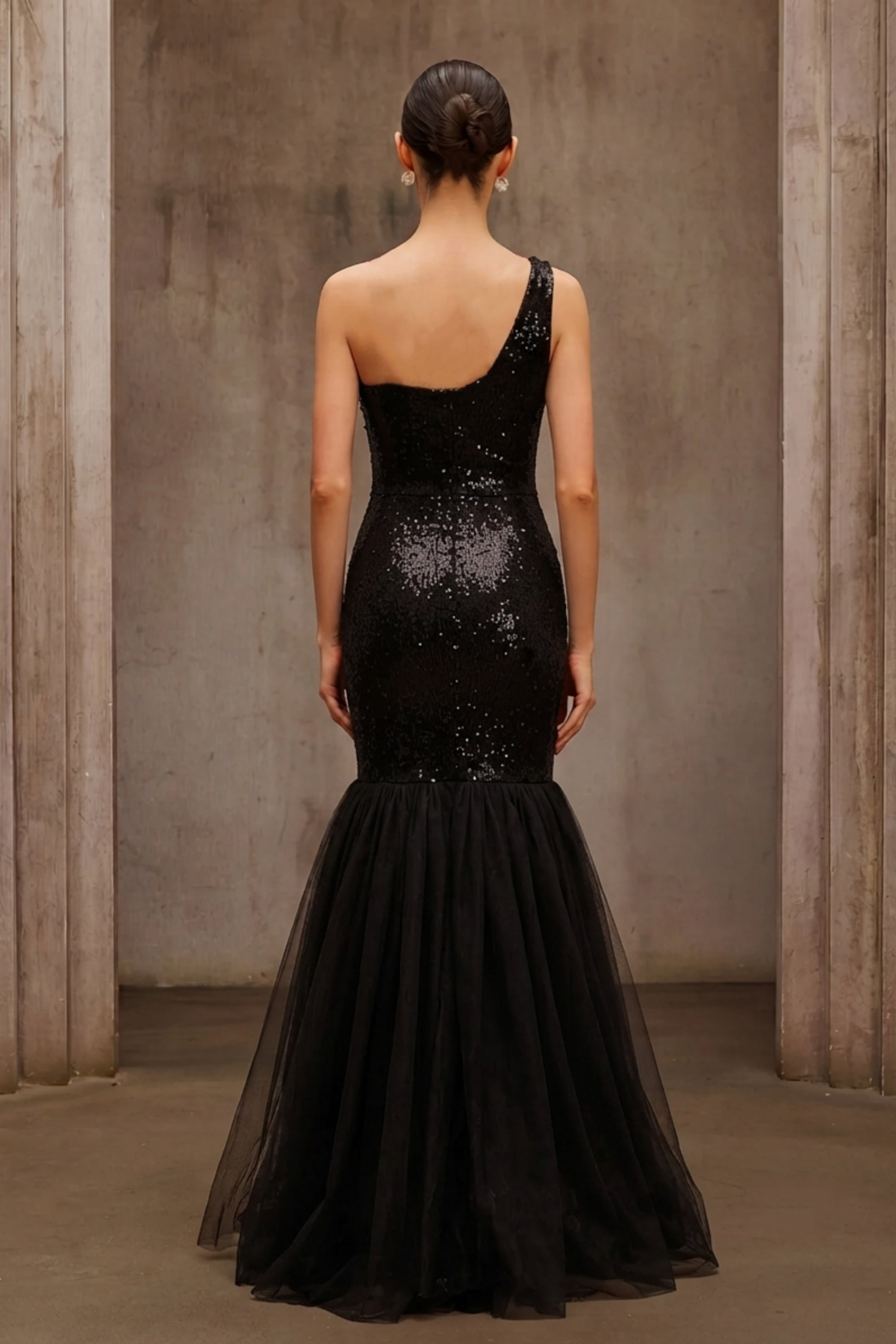 Floral Embroidered One-Shoulder Sequin Mermaid Evening Dress