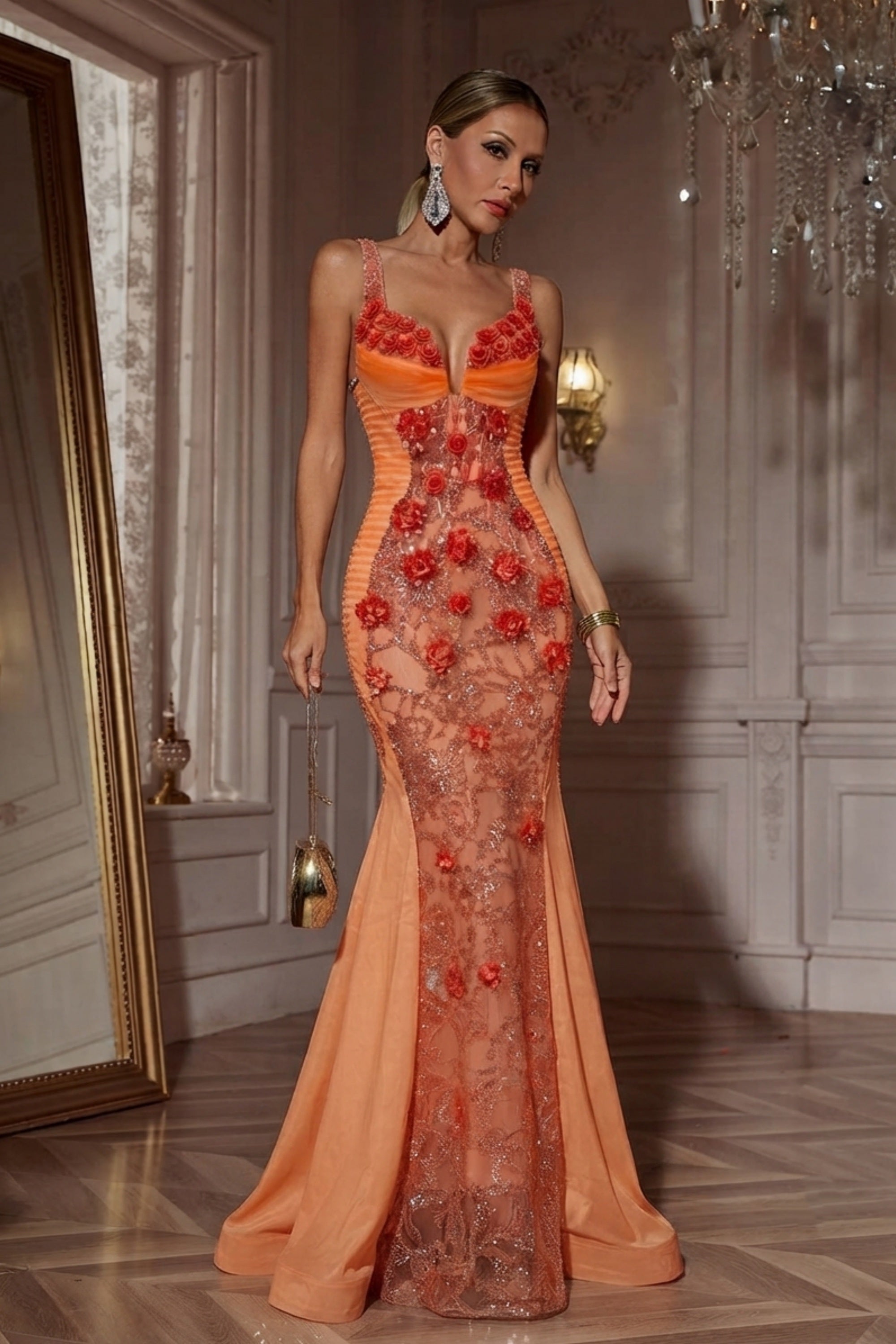 Sleeveless Mermaid Gown with 3D Floral Appliques and Sheer Panels