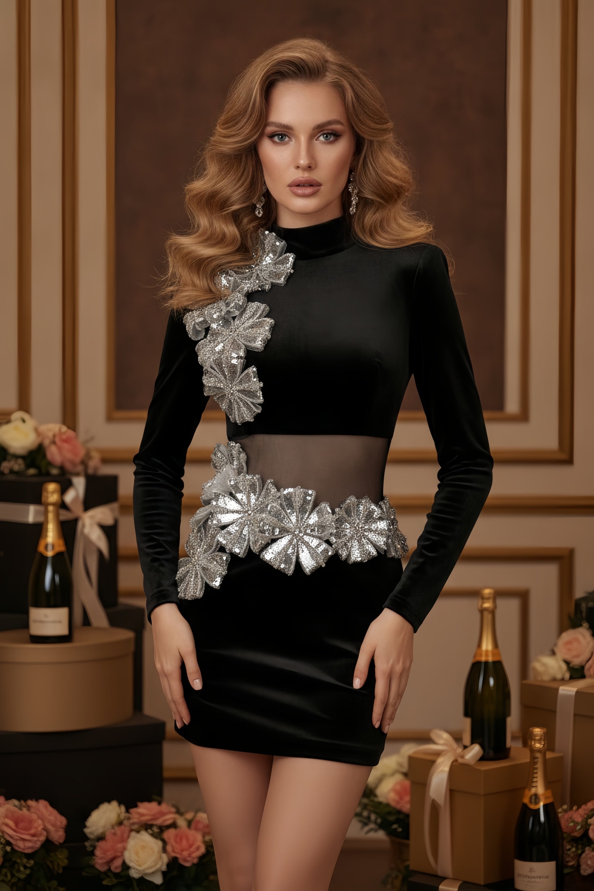 Embellished Flower Velvet Mini Dress with Sheer Mesh Waist