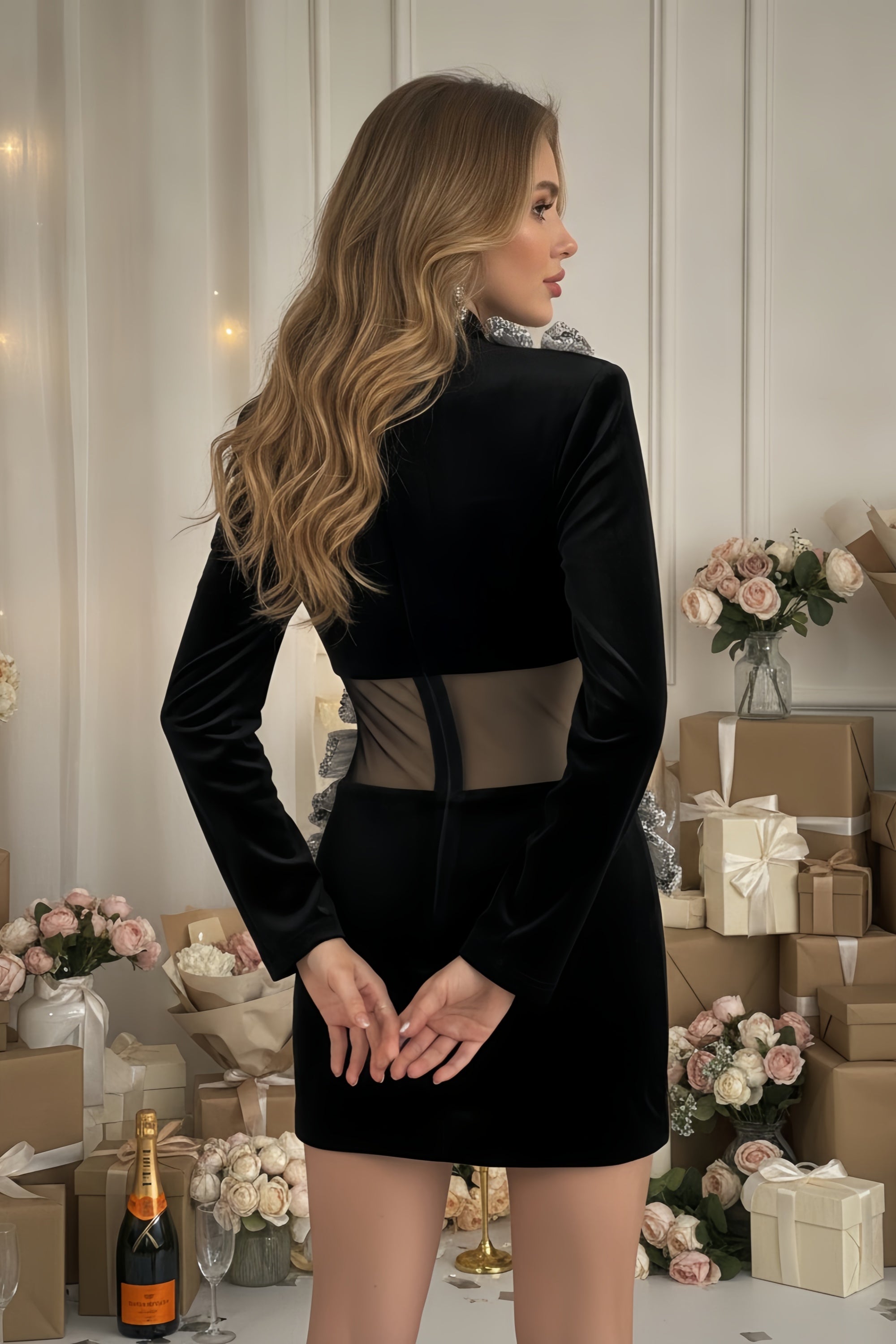 Embellished Flower Velvet Mini Dress with Sheer Mesh Waist
