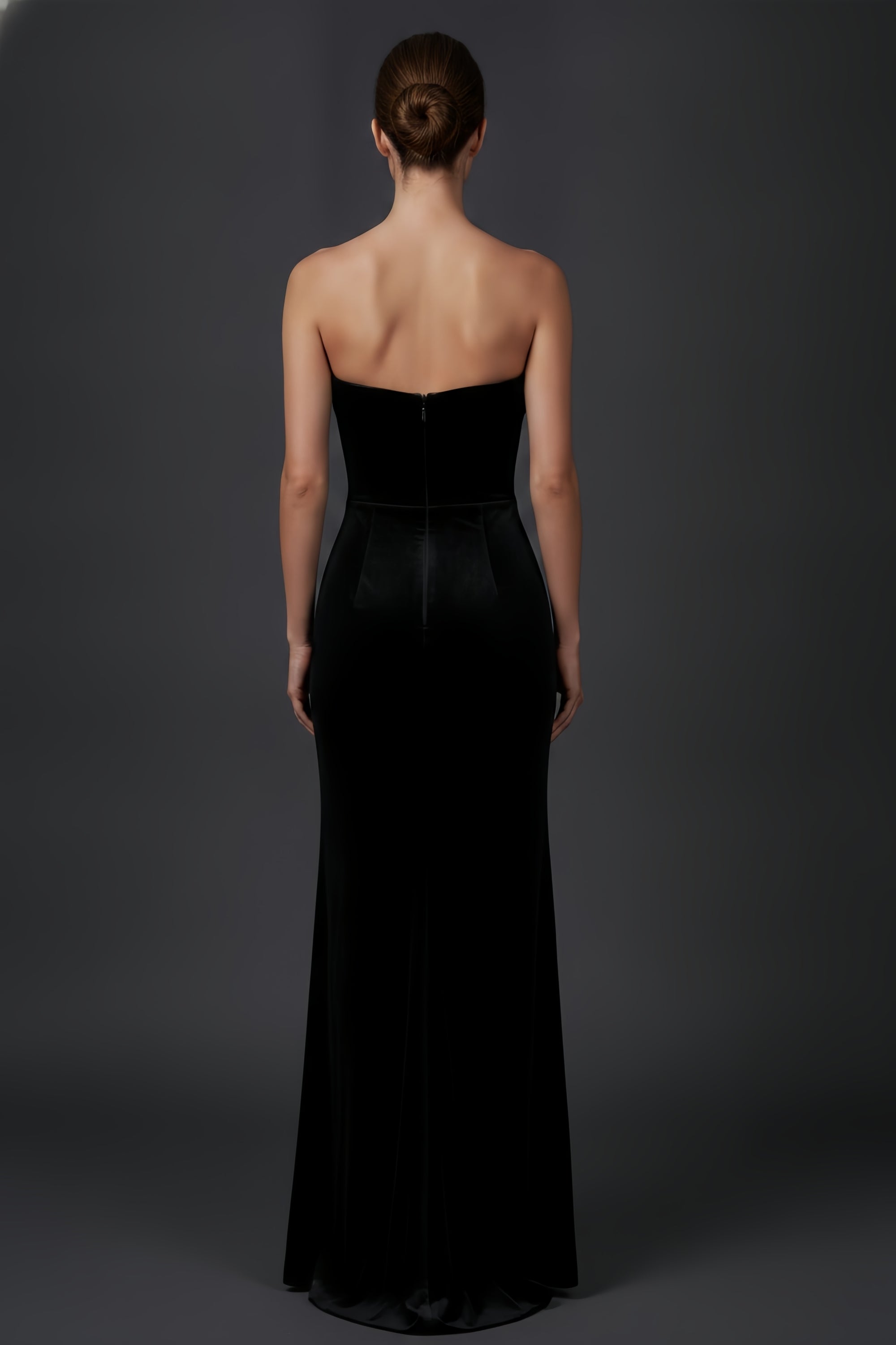 Strapless Velvet Gown Featuring Spiral Accents and a Side Slit