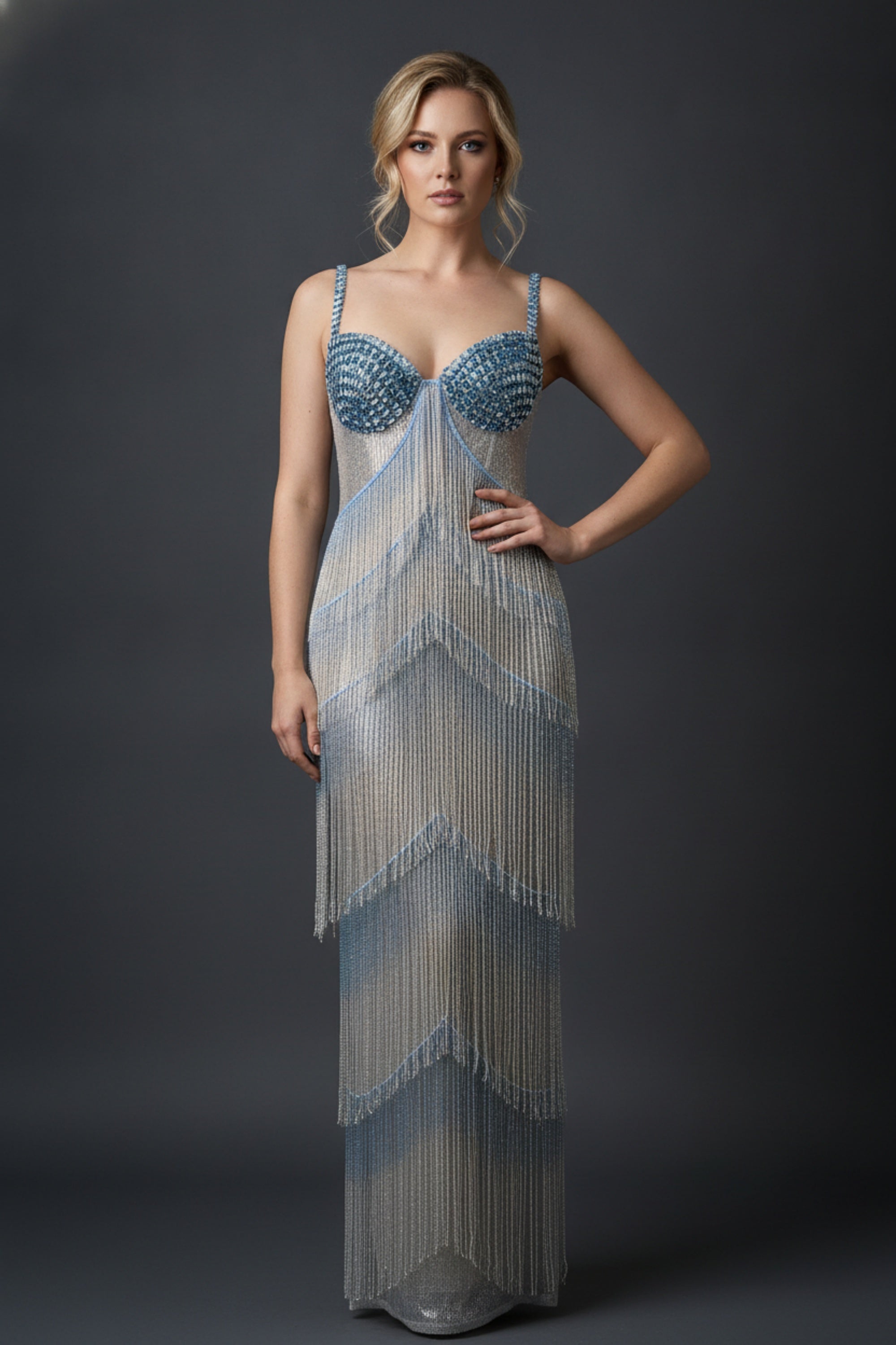 Tiered Fringe and Beaded Sequin Gown with Spaghetti Straps