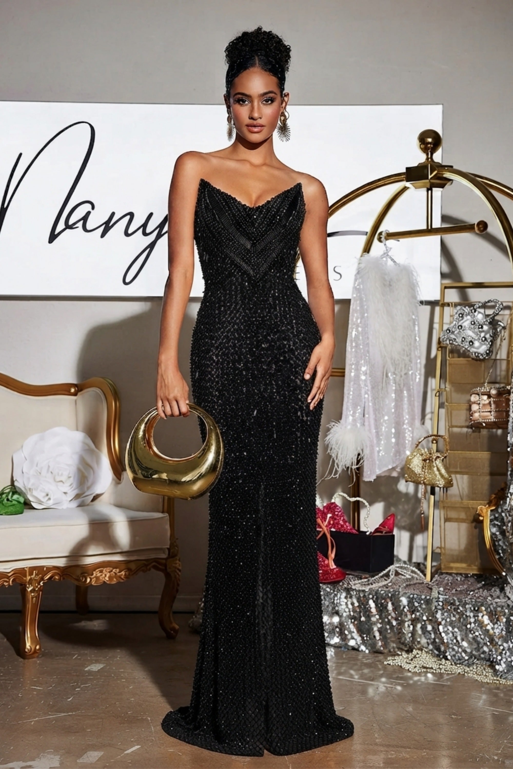Strapless Sequin Mermaid Floor-Length Evening Gown with Back Slit