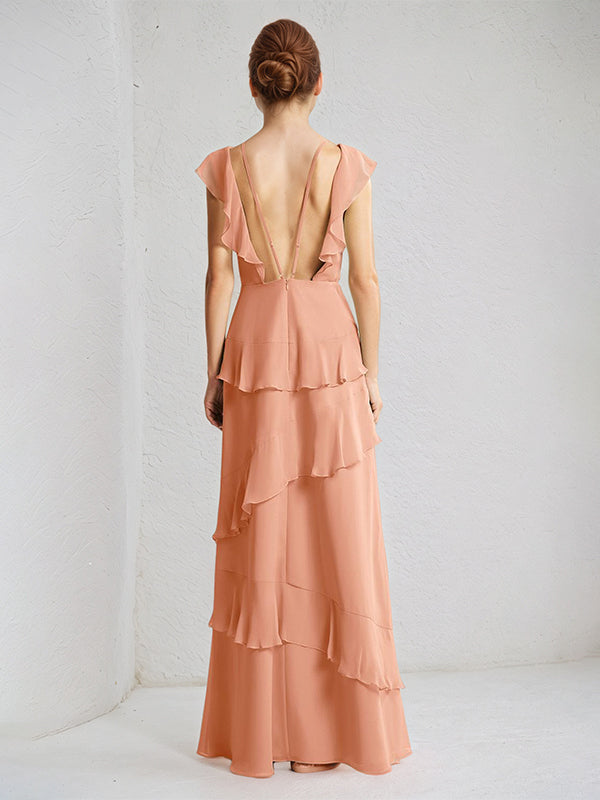 Coral Chiffon A Line V Neck Sleeveless Floor Length Dress With Ruffle