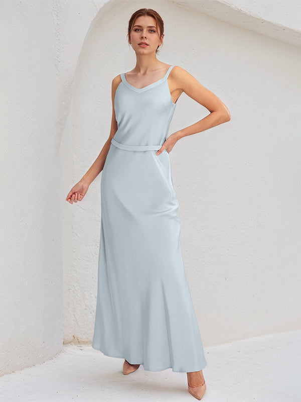 Ice Blue Sheath/Column Satin V Neck Sleeveless Floor Length Bridesmaid Dresses
