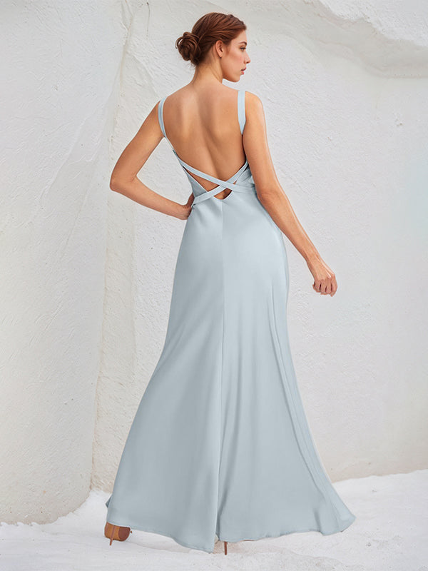 Ice Blue Sheath/Column Satin V Neck Sleeveless Floor Length Bridesmaid Dresses