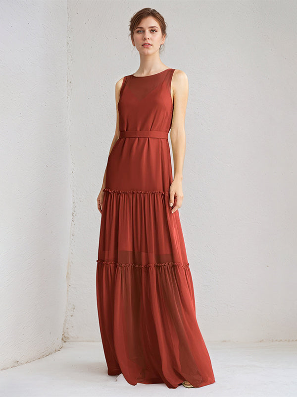 Rust Chiffon A Line Boat Neck Sleeveless Floor Length Dress