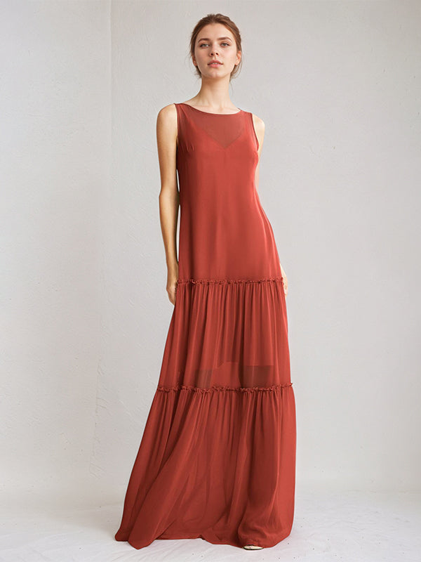 Rust Chiffon A Line Boat Neck Sleeveless Floor Length Dress