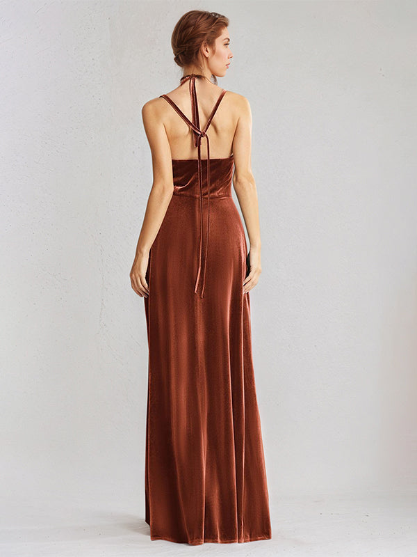 Burnt Orange Velvet A-Line Spaghetti Straps Sleeveless Floor-Length Dress - View 2 | FashionDia
