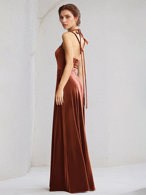 Burnt Orange Velvet A Line Spaghetti Straps Sleeveless Floor Length Dress