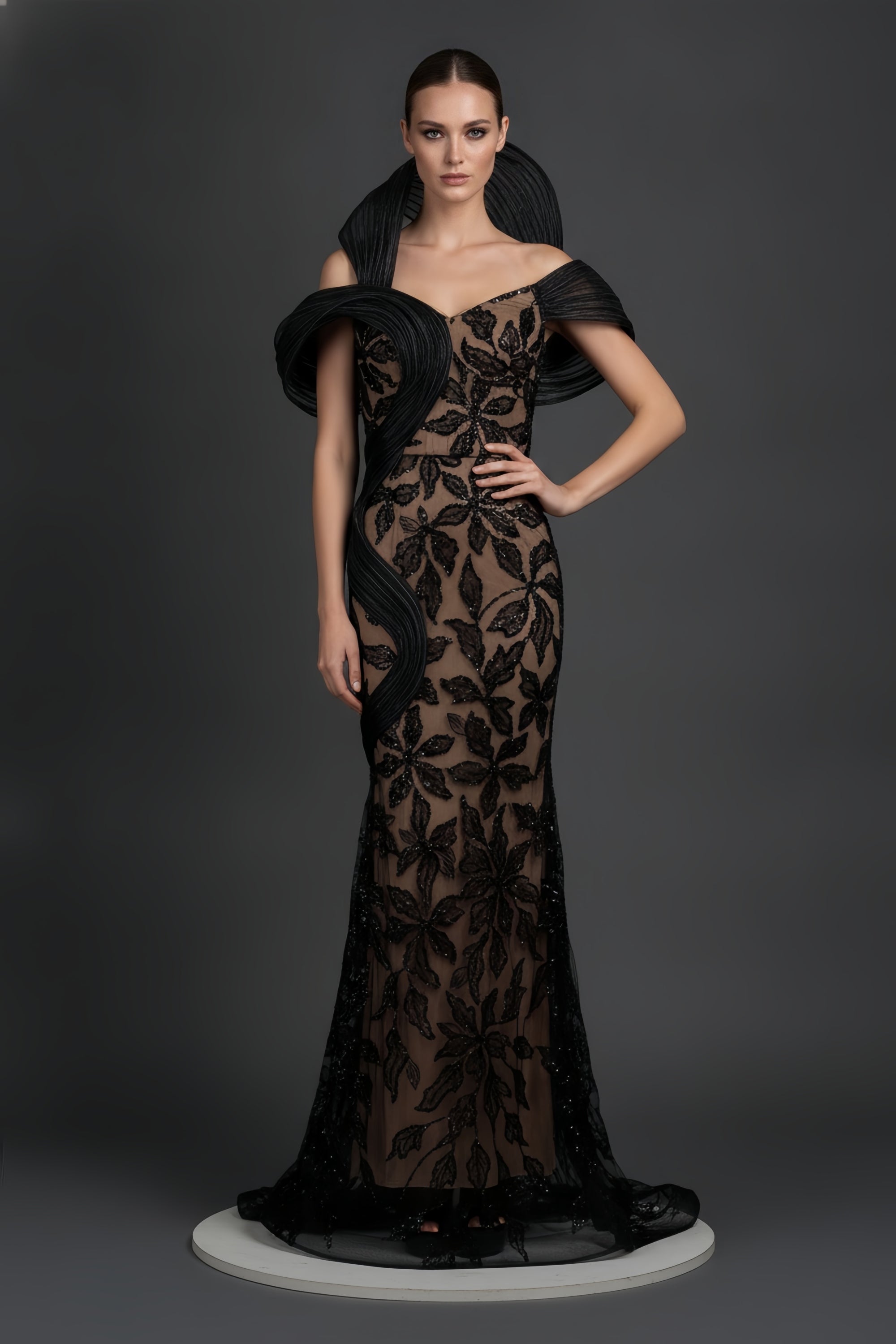 Architectural Pleated Off-Shoulder Gown with Floral Lace Overlay
