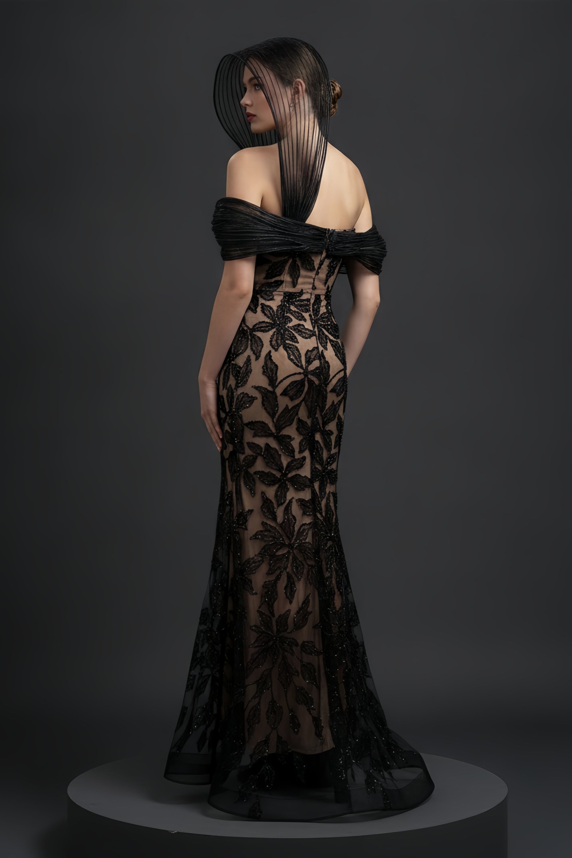 Architectural Pleated Off-Shoulder Gown with Floral Lace Overlay