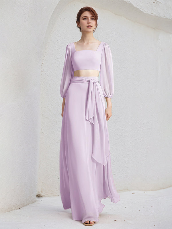 Lilac A Line Chiffon Square Neck Long Sleeves Floor Length Bridesmaid Dresses