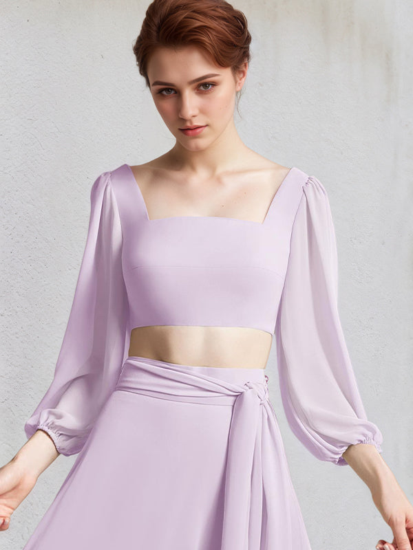 Lilac A Line Chiffon Square Neck Long Sleeves Floor Length Bridesmaid Dresses